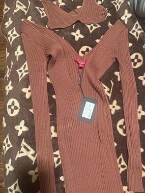 Hera Collection Ribbed V-Neck Bodycon Dress with Matching Bralette - Brown